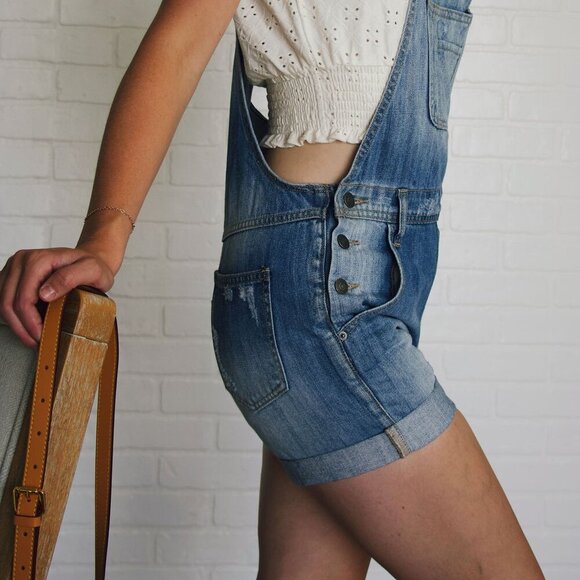 HIDDEN JEANS ~ Blue Denim Shortalls with Distressing and Cuffs ~ Size X-Small - Picture 5 of 14